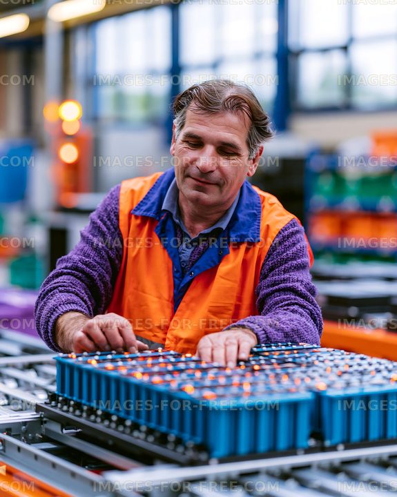 Worker assembling battery modules in a manufacturing facility