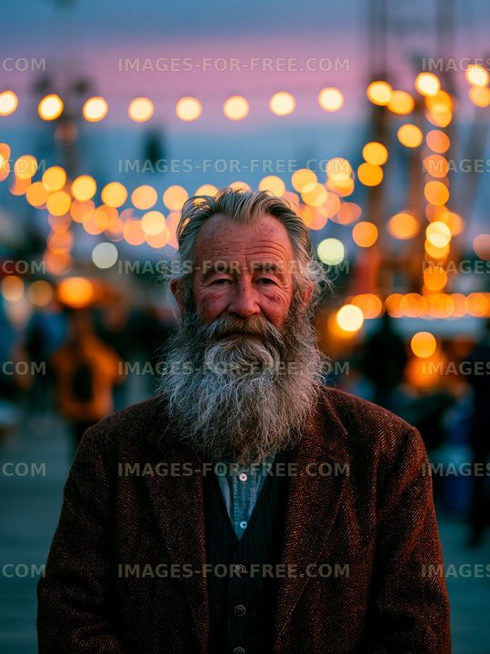 Older man with a beard stands in front of lights at an outdoor event