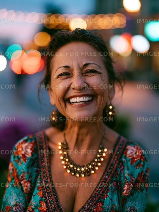 Smiling woman with jewelry in a bustling city street at dusk