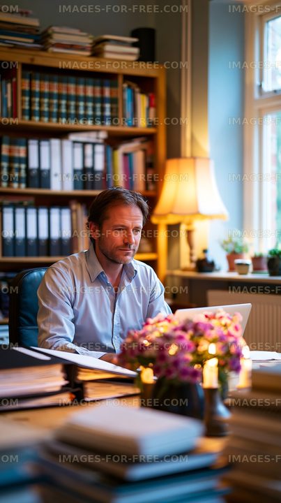 Man working at a desk in a cozy office with books and plants