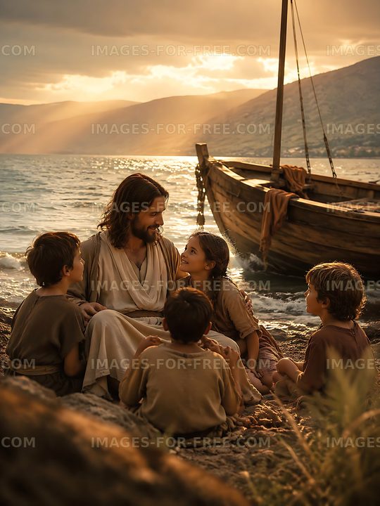 People gathered by the shore during sunset near a boat