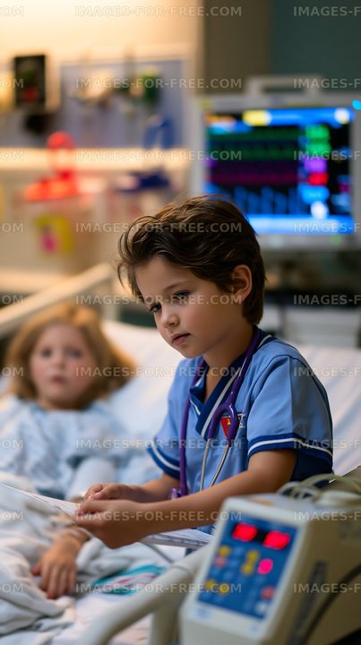 Child helps sibling in hospital with medical equipment