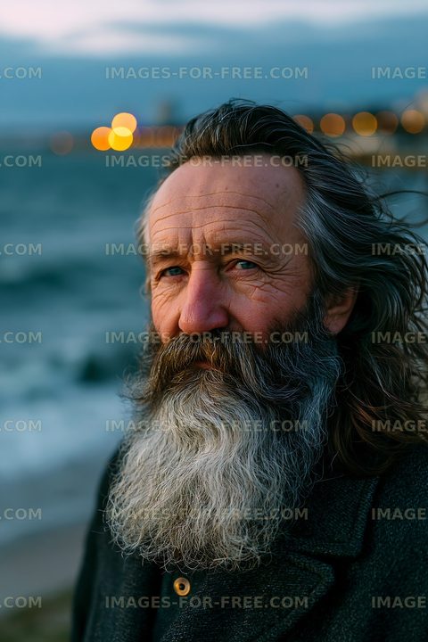 Man with long beard by the sea at dusk