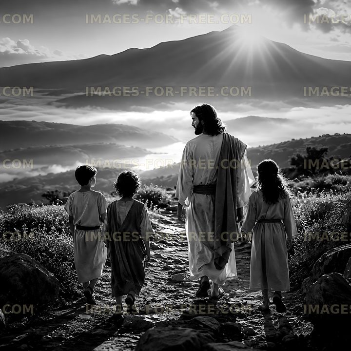 Walking on a path with children towards a mountain