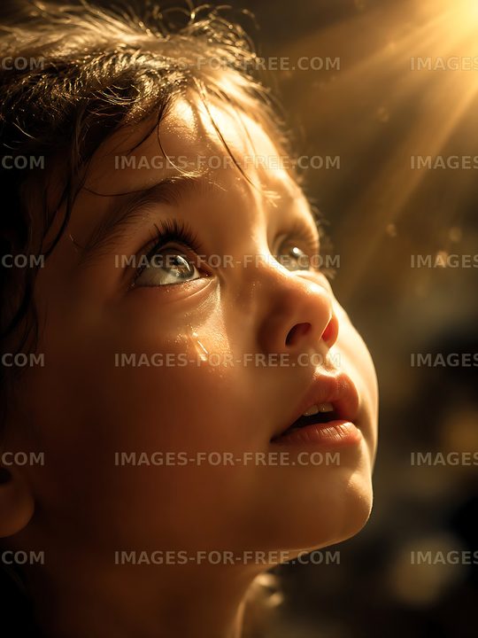 Child looking up with wide eyes and tears in the sunlight