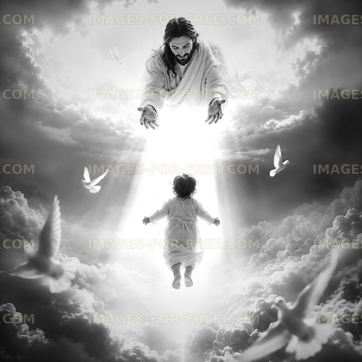 Jesus reaching out to a child in a heavenly scene