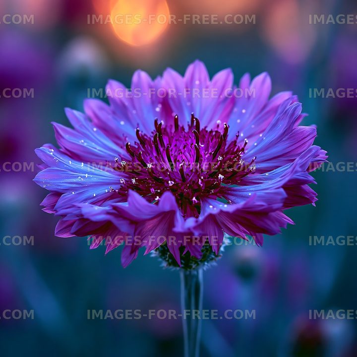 Vibrant flower with dew drops at sunset
