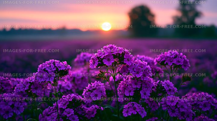 Violet flowers bloom at sunset in a vast field