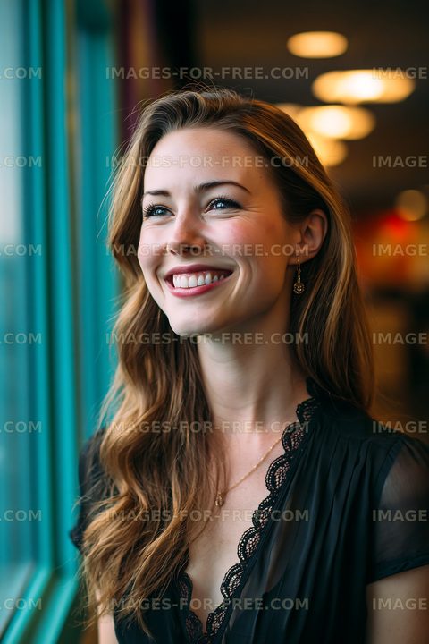 Woman with long hair smiling near a window