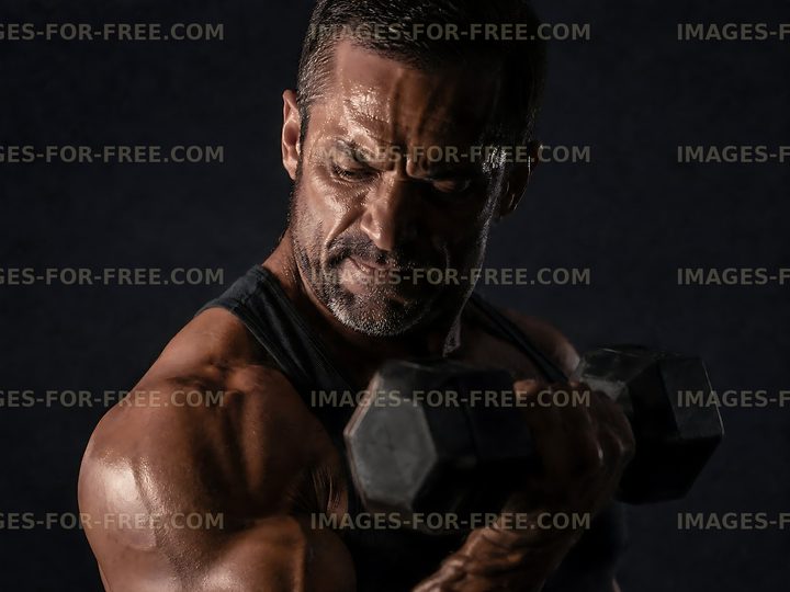 Muscular man lifting dumbbell during workout session
