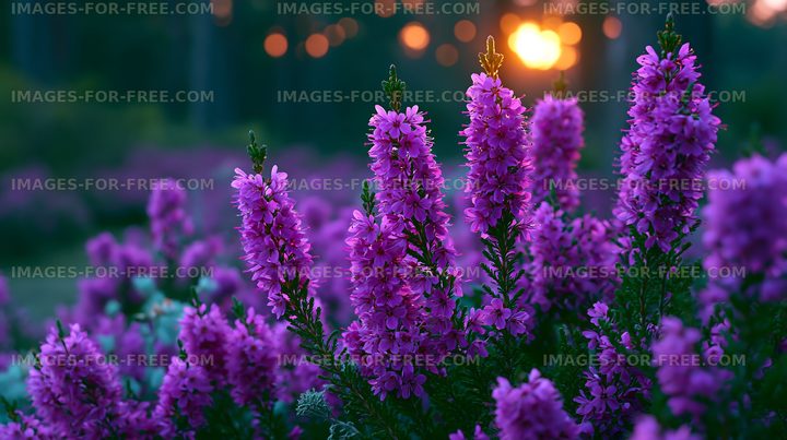 Purple flowers bloom at sunset in a natural garden