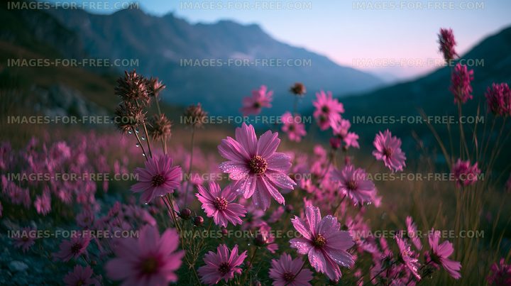 Vibrant pink flowers blooming in mountain valley at sunset