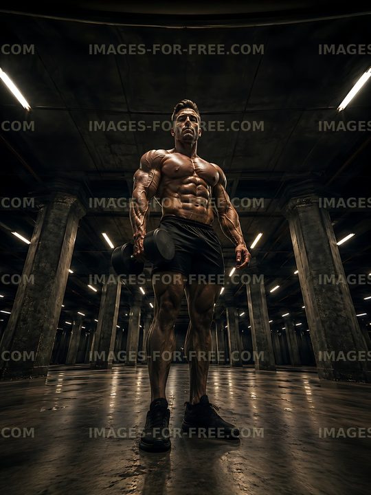 Muscular man lifting dumbbell in industrial gym
