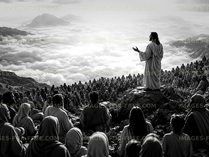 Jesus speaks to a large crowd on a mountain