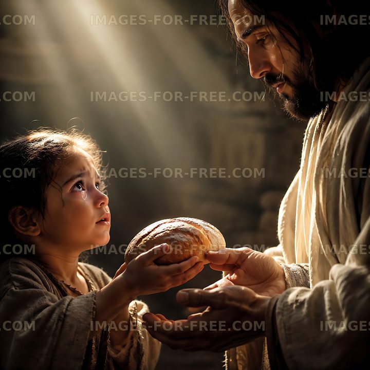 Jesus gives bread to a child in a warm light setting