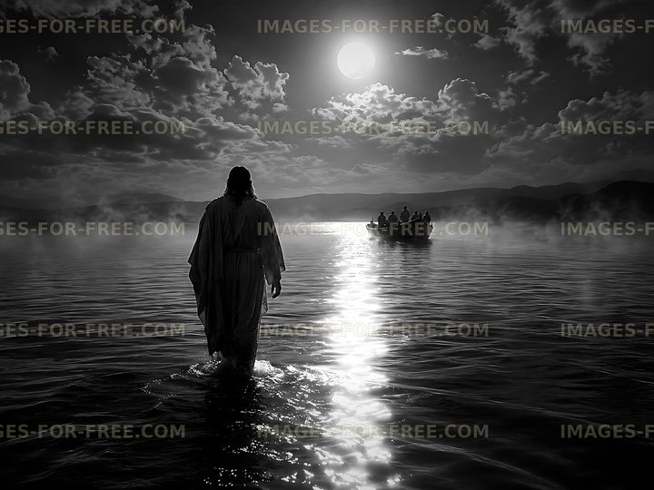 Walking on water at sunset with a boat in the background
