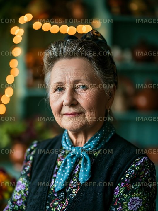 Elderly woman with traditional attire in a cozy indoor setting