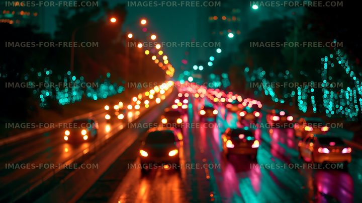 Busy urban street at night with colorful lights