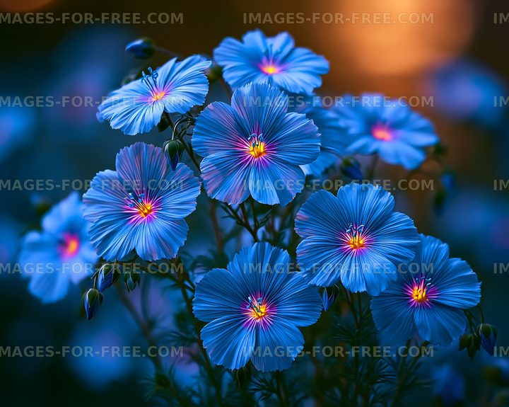 Bright blue flowers bloom in a garden at sunset