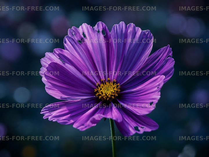 Purple flower in bloom with yellow center and blurred background
