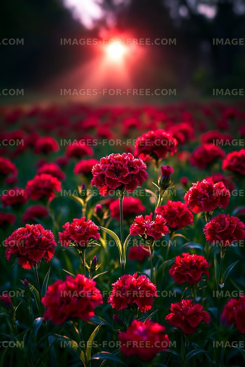 Red flowers bloom in sunlight at sunset