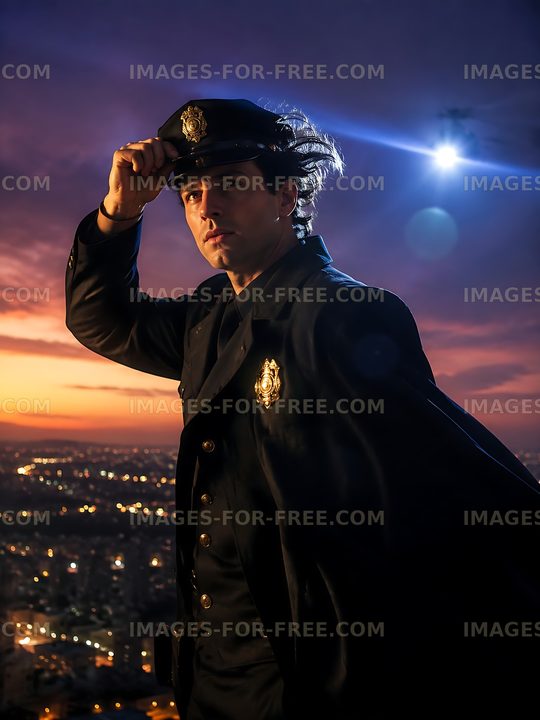 Police officer standing on high building at sunset