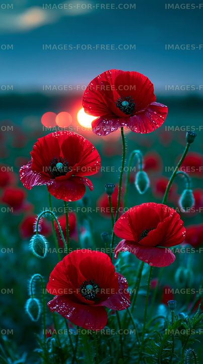 Red poppies blooming at sunset in a field