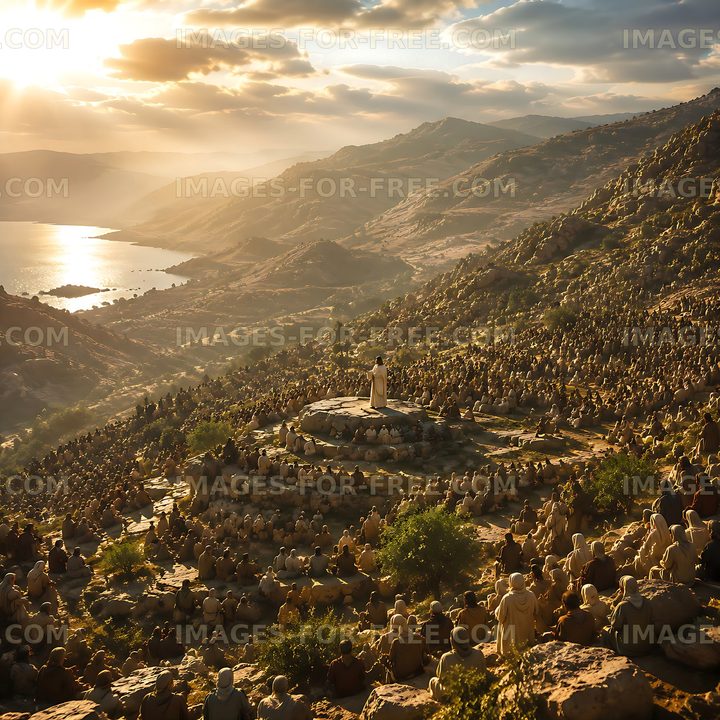 Crowd gathered on mountainside during sunset