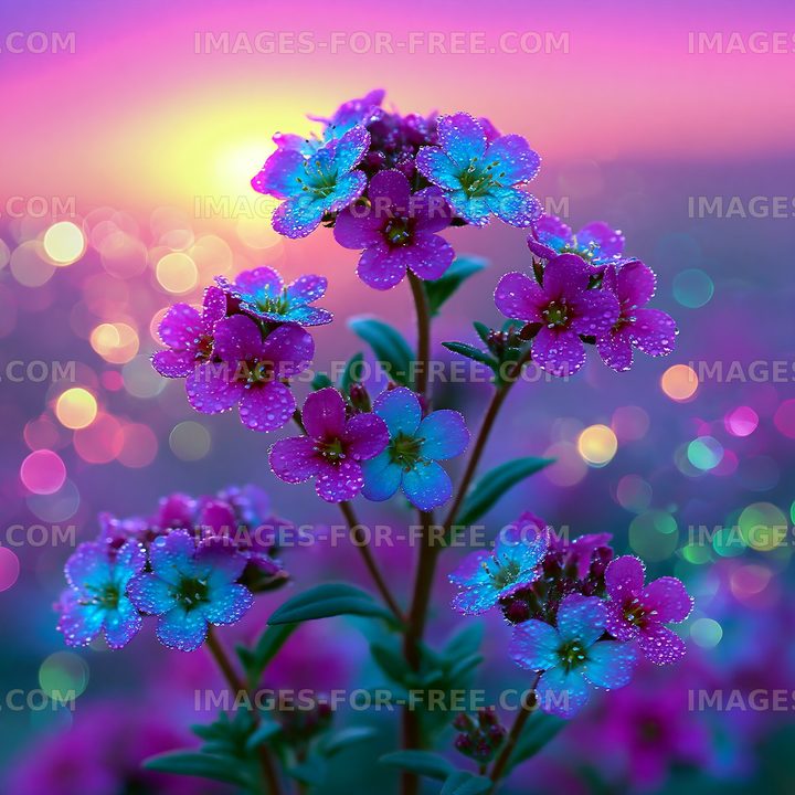 Colorful flowers with dew against a sunset background