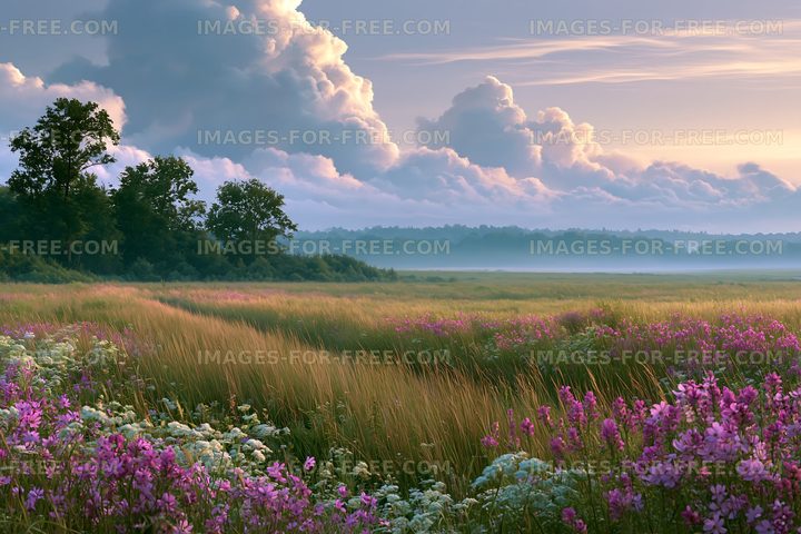 Vibrant wildflowers in a field during sunset