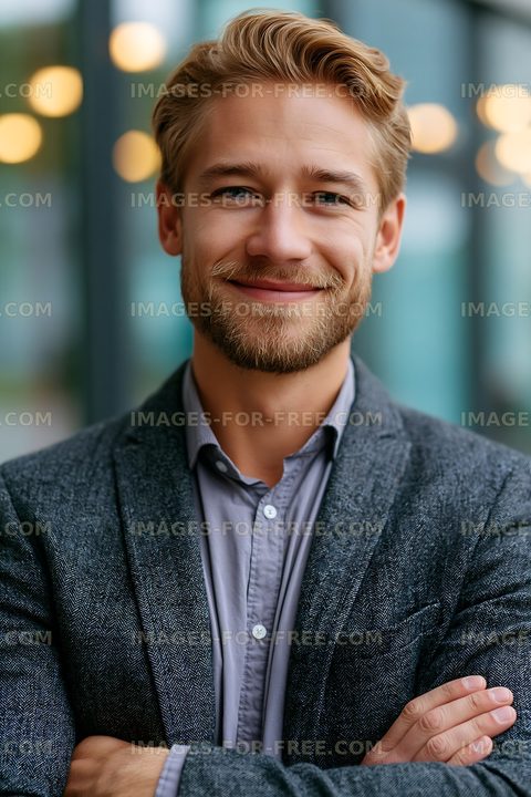 Smiling man in a gray blazer with crossed arms