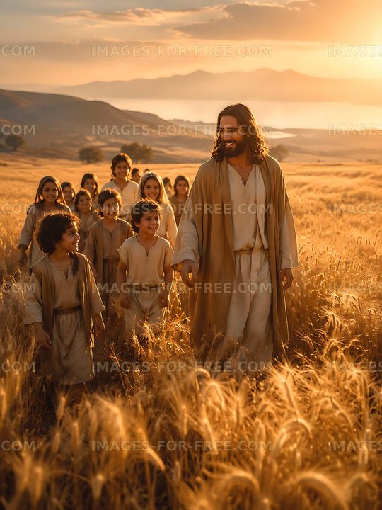 Group of children walking with a man in a field at sunset