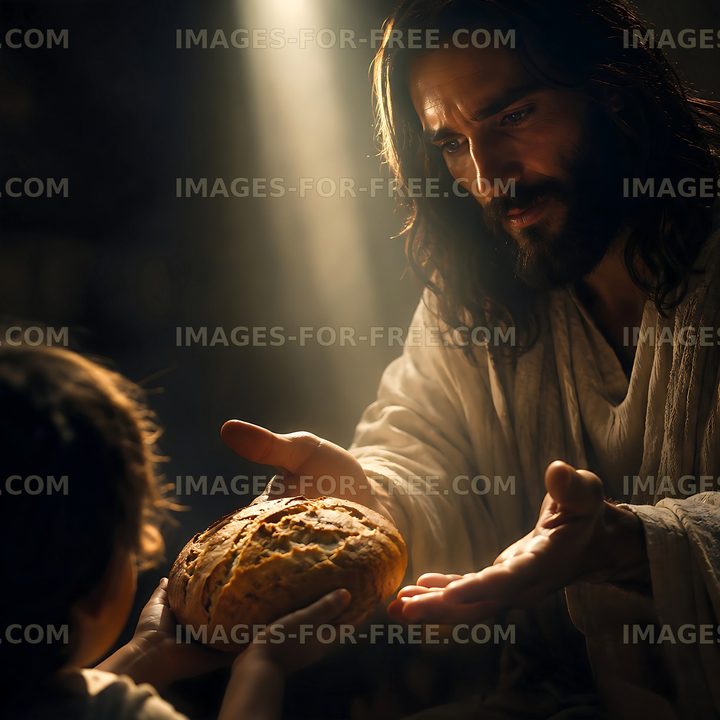 Person giving bread to a child in a dimly lit setting