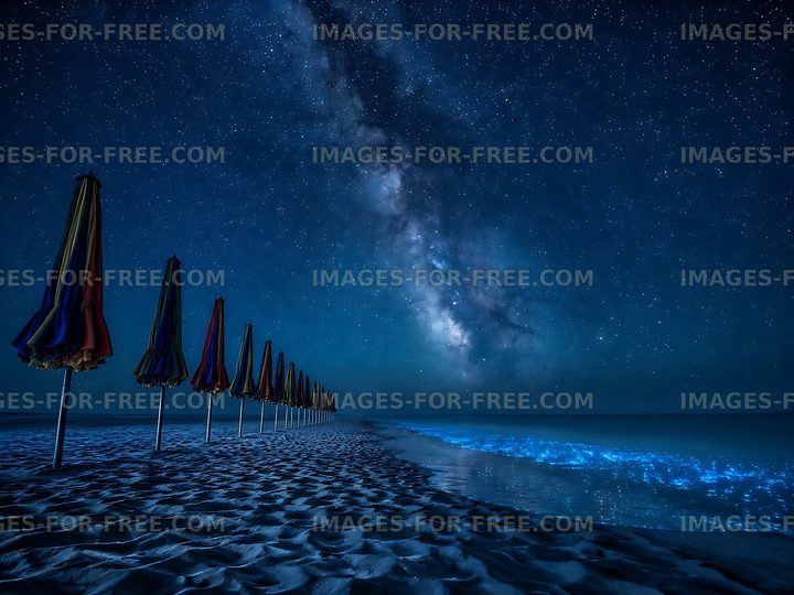 Night sky over beach with umbrellas and glowing waves