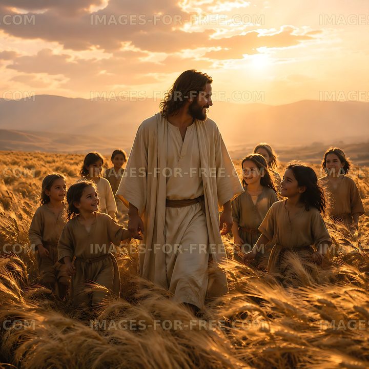 Walking through the golden fields with children at sunset