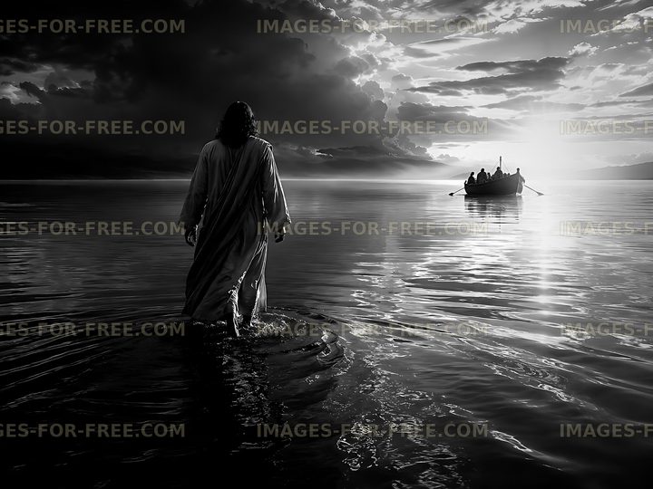 Walking on water at sunset with a boat in the background