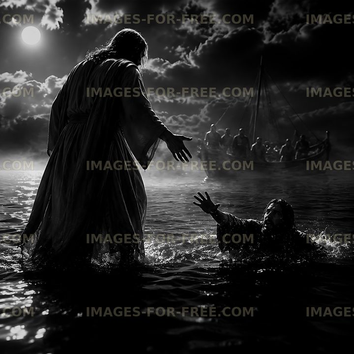 Man reaches out to another in dark water with a boat nearby