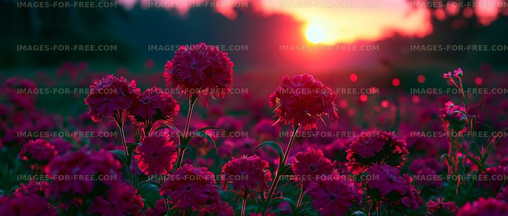 Sunset over a field of pink flowers in bloom