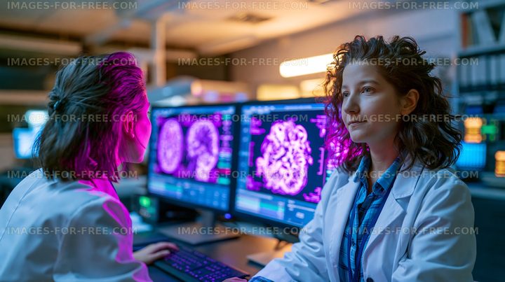 Scientists analyzing brain scans in a lab