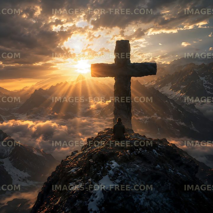 Mountain view with person sitting near cross at sunrise