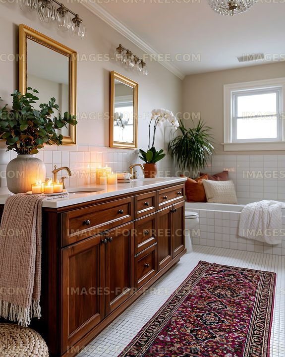 Modern bathroom with wooden cabinets and candles