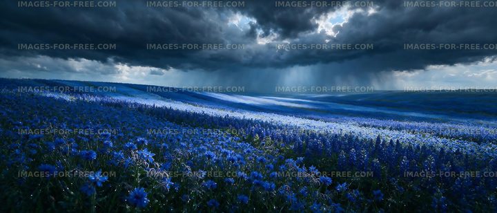 Vast blue flower field under dark clouds with sun rays