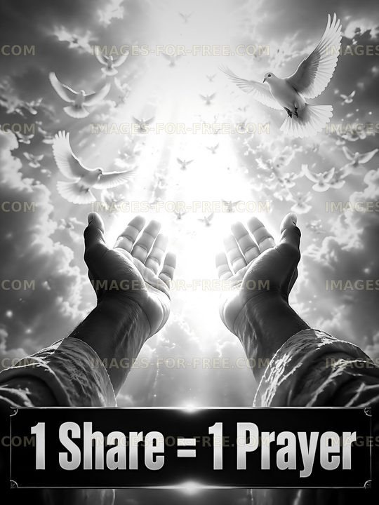 Hands reaching towards light with flying doves above
