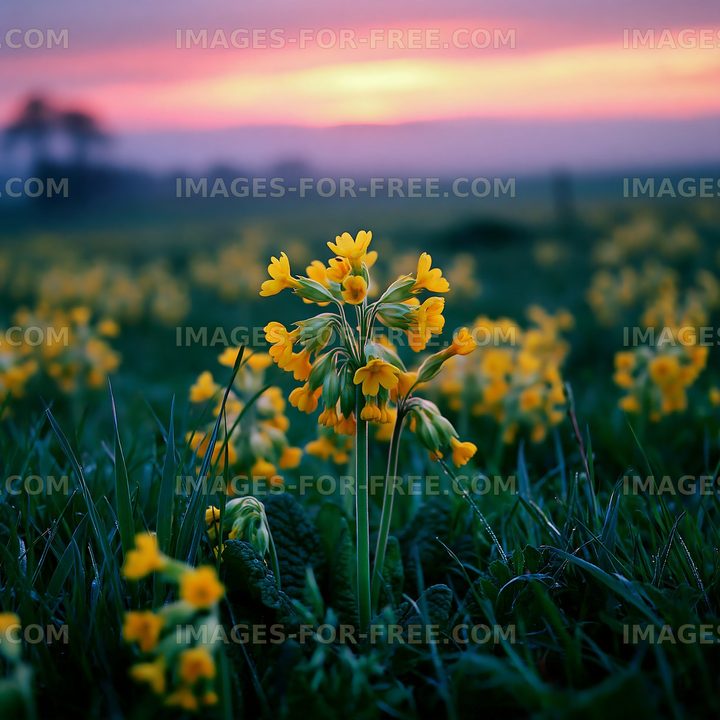 Blooming yellow flowers in a field at sunset