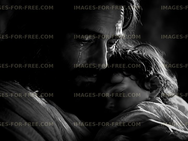 Father holding child in dark background