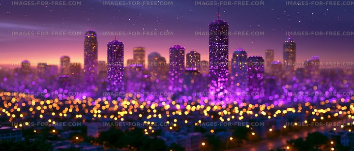 City skyline during twilight with purple lights