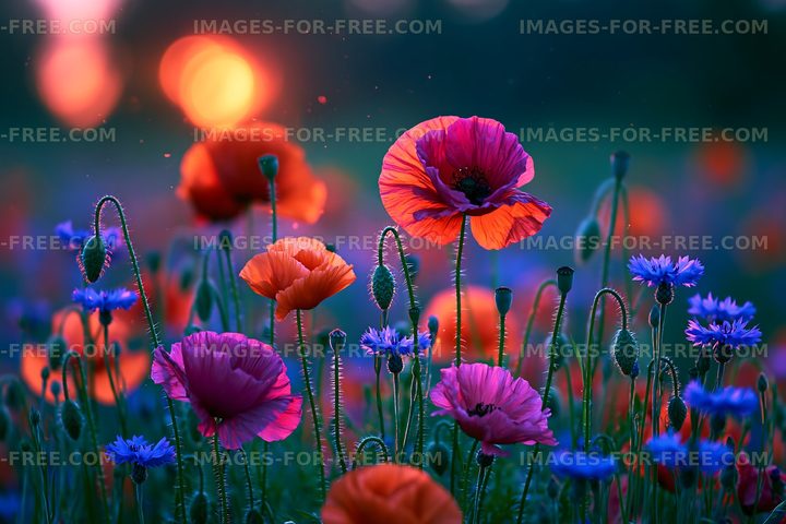 Vibrant poppy and cornflower field at sunset