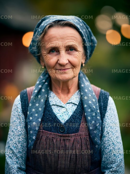 Elderly woman in traditional attire with blue headscarf
