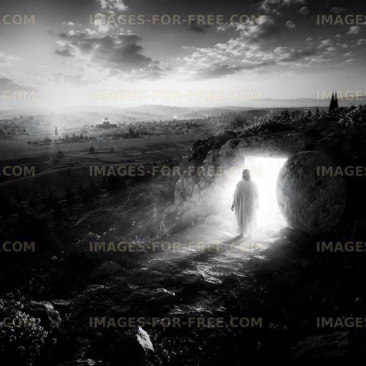 Figure emerging from a cave in a desert landscape