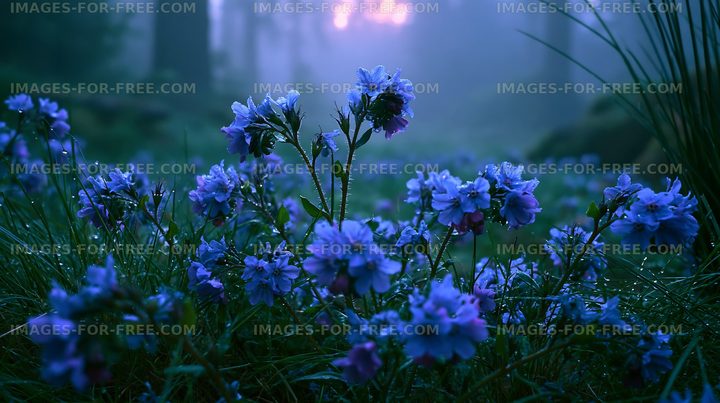 Purple flowers covered in dew on a foggy forest floor